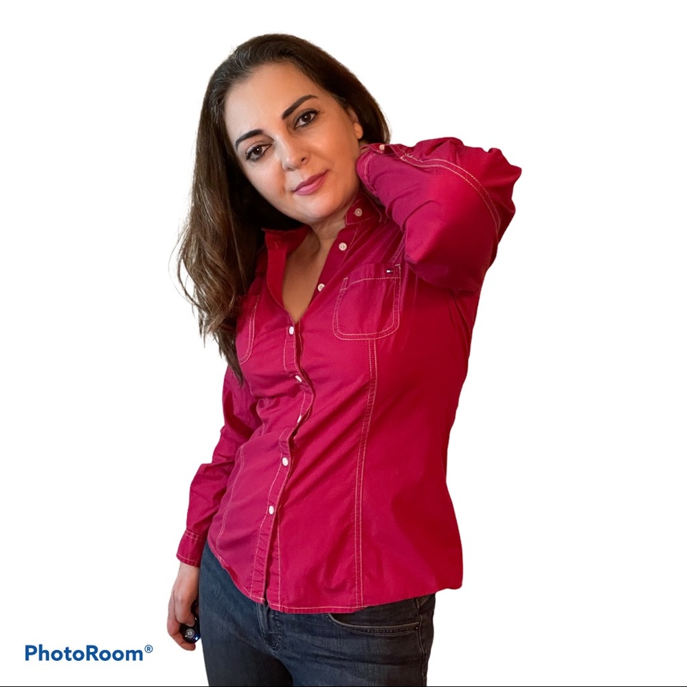 Tommy Hilfiger Cherry Red Roll-Tab Button-Up Shirt - image 2